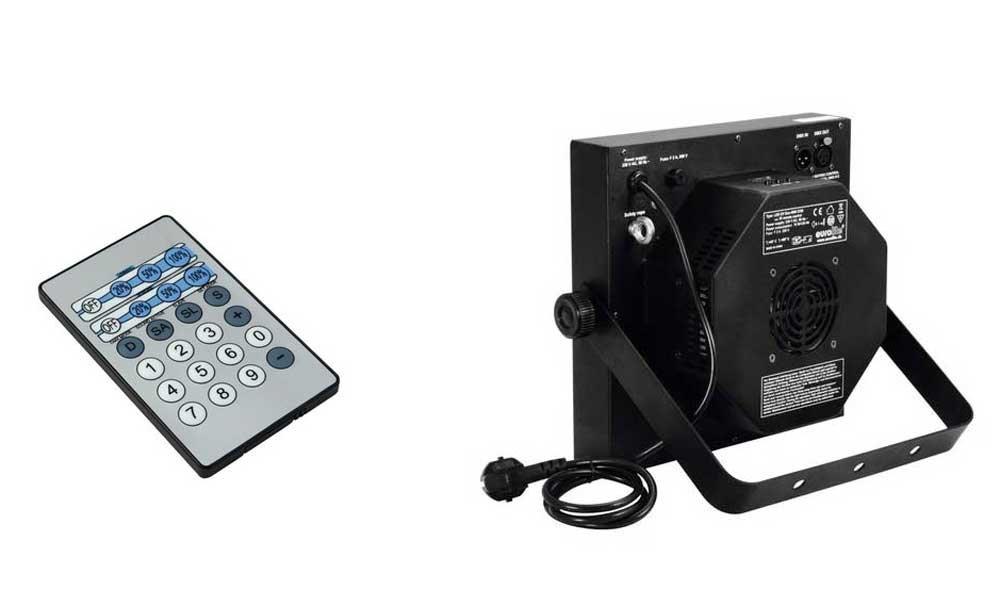 Rückansicht des UV-LED-Lichteffektgeräts LED UV Gun 60W und Fernbedienung von Eurolite.